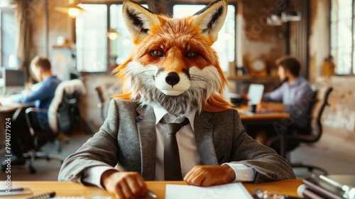 A person wearing a fox mask and business suit is seated at a desk with paperwork, in a modern office setting