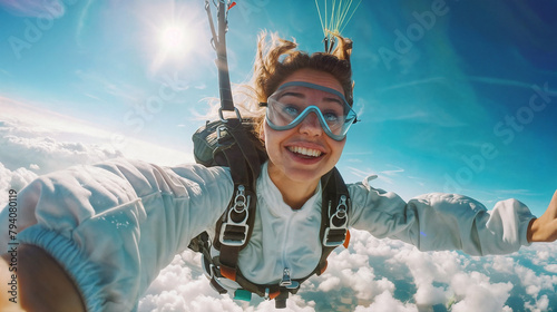 Young smiling woman jumping with a parachute. The pleasure and emotions of jumping in the sky and free falling. Sky diving