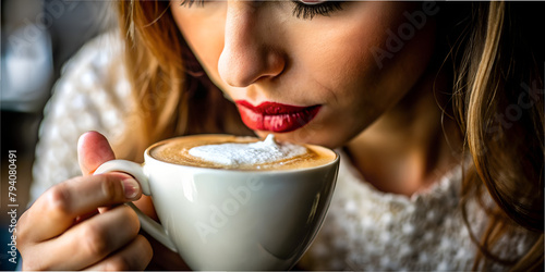 Woman drinking cappuccino, coffee, macro, red lipstick, lips, cappuccino taste, photorealistic, AI generated