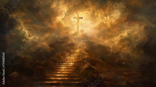 stairway to heaven glowing cross at top of stairs spiritual salvation concept religious digital painting