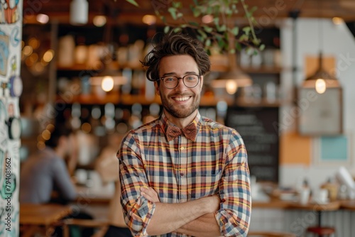 A handsome dark-haired man with a beard, in a plaid shirt with a bow tie, is standing in a bright café and smiling