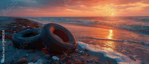 Rubber tires littered on sunset beach from refugees crossing Mediterranean to Europe. Concept Refugee Crisis, Environmental Impact, Migration Challenges, Humanitarian Crisis, Global Issues