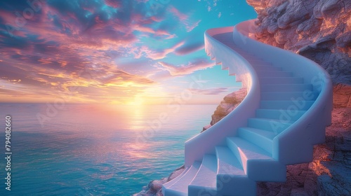 A dreamlike image of a spiral staircase made of smooth, white stones, winding down from a clifftop into a calm, turquoise sea at sunset, with the sky ablaze with color. 