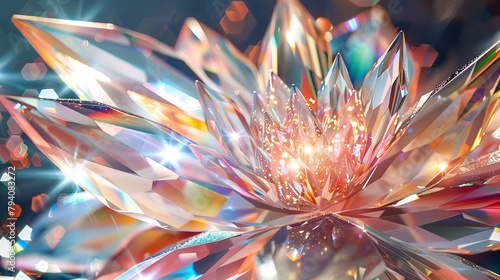 A flower made entirely of colorful crystals, their sparkling facets catching the light and creating an abstract and luxurious bloom, ideal for a jewelry brand advertisement. 