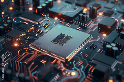 Get up close to cutting-edge technology with a detailed shot of a storage chip on a circuit board against a striking blue background.