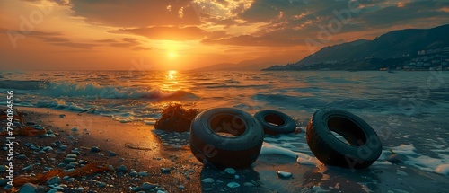 Rubber tires strewn across sunset beach from refugees crossing the Mediterranean to Europe. Concept Refugee crisis, Environmental impact, Global migration, Sunset beach, Mediterranean Europe