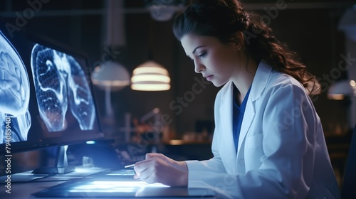Female intern medical research scientist working with brain scans on her personal computer, writing down neurophysiology science data in a clipboard