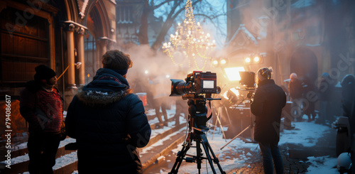 Film crew on set during a winter evening shoot
