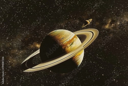 Landscape with Saturn planet in sky with stars. Fantasy space wallpaper with planet over the land. Sci-fi.. Beautiful simple AI generated image in 4K, unique.