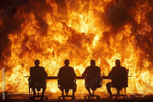 Four businessmen sit at a conference table in front of a wall of fire.