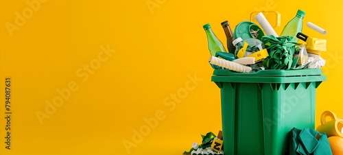 Green Recycling Bin Filled with Discarded Items Beside Recycled Products Highlighting the Cycle of Reuse and Sustainability in Manufacturing and Eco