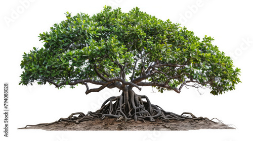 A large tree with many roots is the main focus of the image
