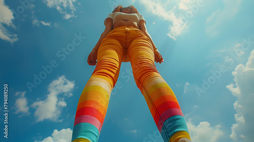 A whimsical low-angle shot creating a giantess illusion, featuring a person standing tall with rainbow-striped leggings against a blue sky. 