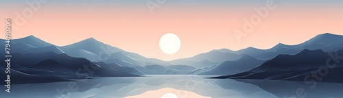Serene river flowing through a minimalist geometric landscape, with esoteric touches and luminism reflections
