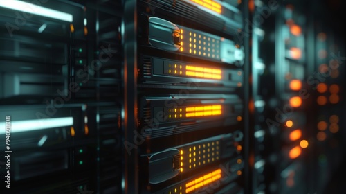 A glowing data center server bank with a depth of field, great for a cloud storage company. 