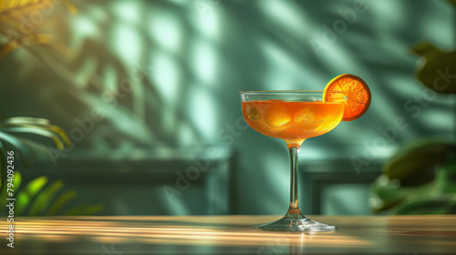 A cocktail with an orange slice in a coupe glass, on a bar top with tropical foliage shadows in the background.