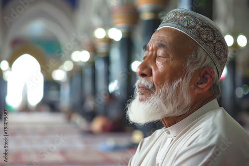 Portrait of a elderly muslim mullah immersed in prayer in the mosque. Shallow depth of field
