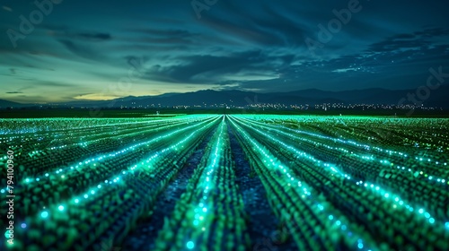 A field of crops with glowing green lights at night