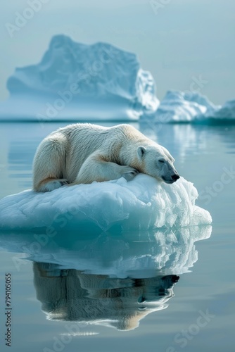 Relaxing Polar Bear on Iceberg. Global Warming Concept.