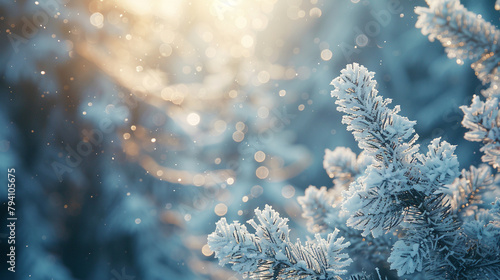 Winter scene with snowcovered pine trees, frost glistening on branches, ideal for holiday backgrounds and seasonal themes