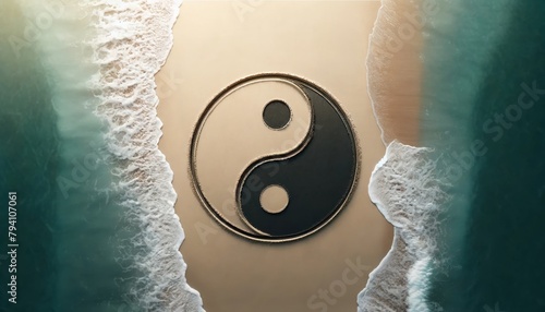 The yin and yang symbol is often used to represent balance and harmony. In this image, the yin and yang symbol is depicted in sand on a beach, with waves crashing on either side. The image is a peacef