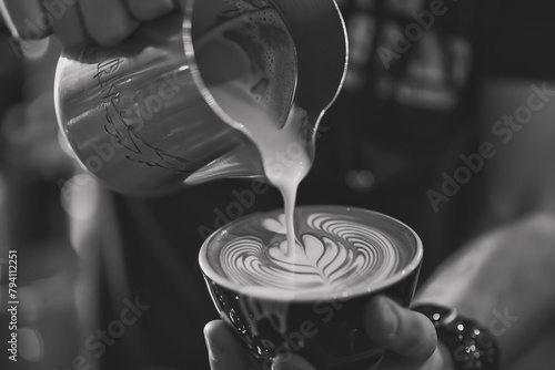 Mano de camarero echando leche con una jarra metalica, en una taza de ceramica que contiene cafe, haciendo un dibujo artistico. imagen en blanco y negro