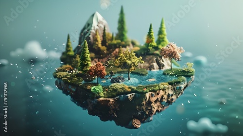 Floating Island of Miniature Ecosystems - A Surreal 3D of a Creative, Futuristic Landscape