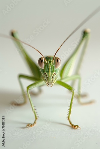 b'A green katydid staring at the camera'