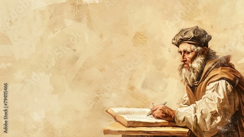 Diligent Scholar in Contemplation with Old Manuscript and Scroll