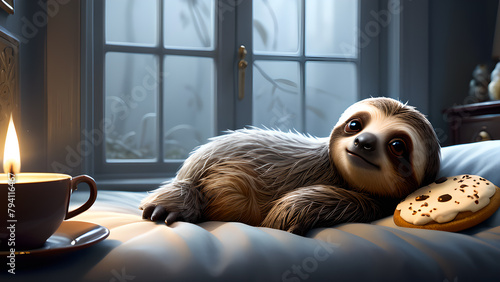 A lazy sloth lazing on the bed with his morning coffee and cake. Day off.