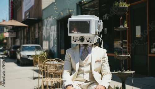 Documentary style photo of a person in a white airconditioned suit with a large square hot coil attached, looking humorous, captured in an urban setting