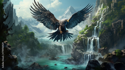 Hippogriff taking flight from a rocky cliff, powerful wings spread wide, epic fantasy landscape with cascading waterfalls in the background