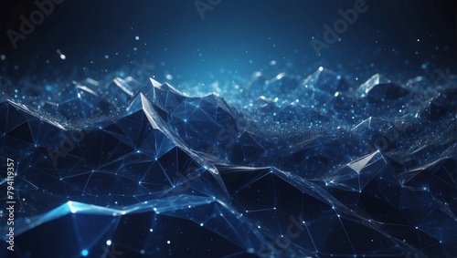Abstract Sapphire Blue Digital Background with Shimmering Sapphire Light Particles and Regions with Endless Depths. Particles Form into Lines, Surfaces, and Grids.