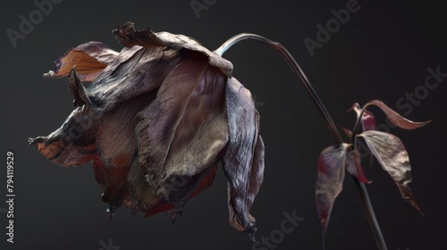photo of a wilting flower, its drooping petals and decaying form creating an abstract study of impermanence, suitable for a conceptual art exhibit.