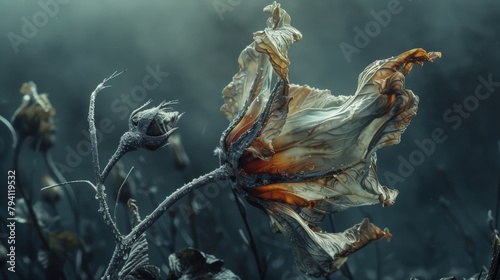photo of a wilting flower, its drooping petals and decaying form creating an abstract study of impermanence, suitable for a conceptual art exhibit.