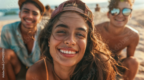 Young happy smiling woman in the center. Girls and boys having fun on the sea beach. The pleasure of relaxation and vacation. A group of people on a beach party, with the sky in the background