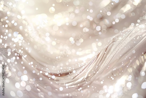 Abstract background. Ethereal close-up of a shimmering, gauzy fabric enveloped in soft-focused, twinkling light bokeh.