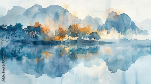 Amazing watercolor view of foggy morning of a mountain range with a lake in the foreground. water is calm and the sky is blue. travel landscapes and destinations