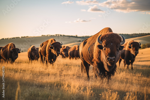 Herd of majestic bison grazing on the rolling plains of the American Midwest