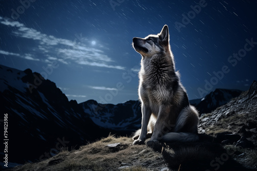 Lone wolf howling under a starry night sky in the remote wilderness