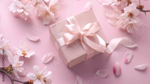 present gift box with tiny pale pink satin ribbon decorated with blooming sakura flowers on pale pink background, birthday, decorative, white, surprise, beautiful, wedding