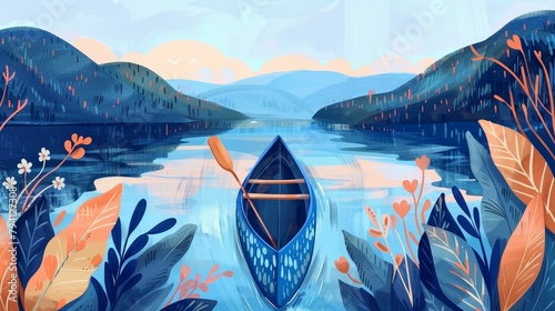 Kayaking on a quiet lake at dawn, waters calm, paddling to inner peace 169