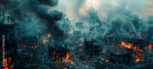 Apocalyptic urban landscape with raging fires and smoke
