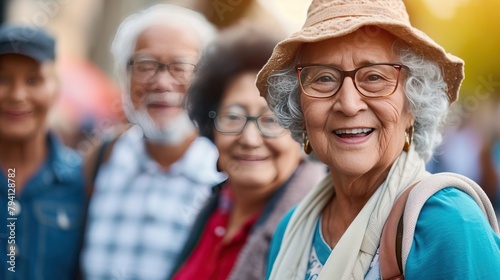 Portrait of a joyful elderly woman with glasses and a hat, smiling at the camera with a group of senior friends blurred in the background, conveying happiness and togetherness.