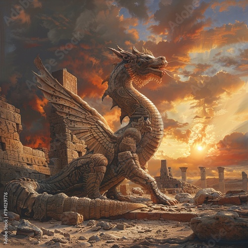 A mighty stone dragon sits atop a ruined temple, its wings outstretched as if ready to take flight. The sky is ablaze with color, the sun setting over the horizon.