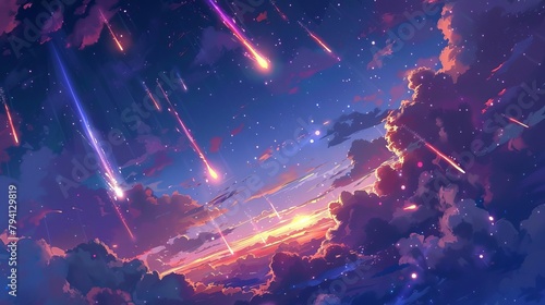 fantasy anime sky with beautiful star falls and flares starry night digital art wallpaper illustration