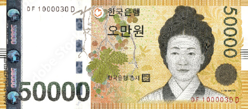 Vector obverse high poly pixel mosaic banknote of South Korea. Front side. Denominations of bill 50000 korean won. Game money of flyer.