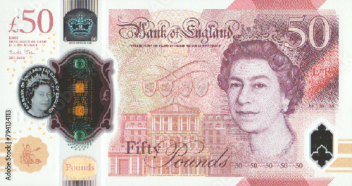 Vector obverse high poly pixel mosaic polymer banknote of Great Britain or England. Denominations of bill 50 pounds 2020. Game money of flyer.
