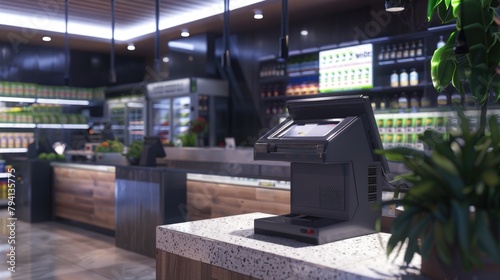 Modern Supermarket Checkout Counter with Self-Service Terminal