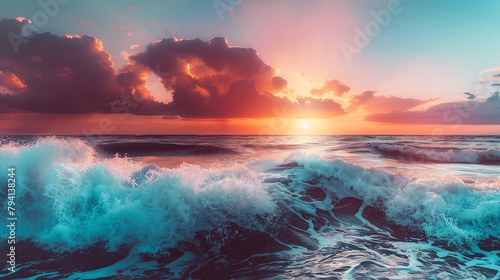 Dramatic coastline view at sunset, with crashing waves and colorful skies, perfect for inspirational or travel-related content.